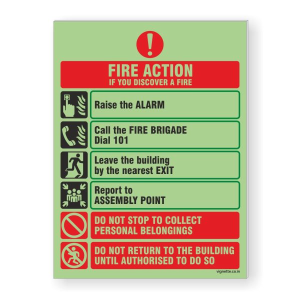 GLOW-IN-DARK FIRE SAFETY SIGN - Fire Action Instruction - Design#2